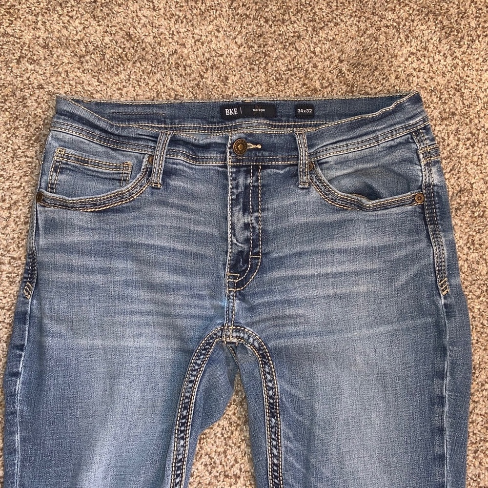 BKE Mason Taper Stretch Men's Jeans 34R Light Wash. Big Thick Stitch 34x32 NICE